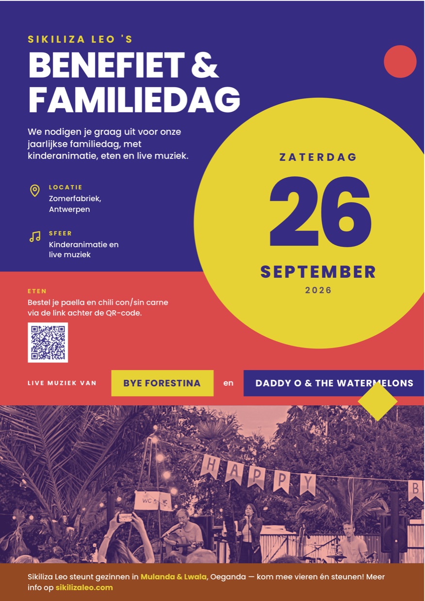 Affiche van de Sikiliza Leo Benefiet en Familiedag op zaterdag 26 september 2026 in de Zomerfabriek in Antwerpen.